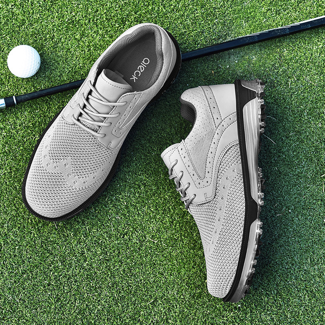 Men's Gray Knit Spiked Golf Shoes, Breathable Lightweight Golf Footwear