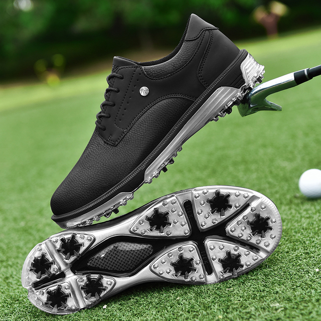 Mens Classic Black Golf Sneakers, Non-Slip Spiked Golf Shoes for Golf Course