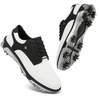 Men's Black & White Leather Spiked Golf Shoes, Waterproof Professional Golf Footwear