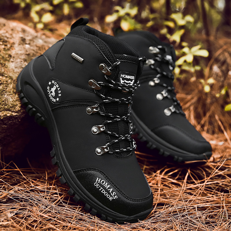  Men's Black High Top Hiking Boots, Durable Cushioned Hiking Footwear for Outdoor Adventures