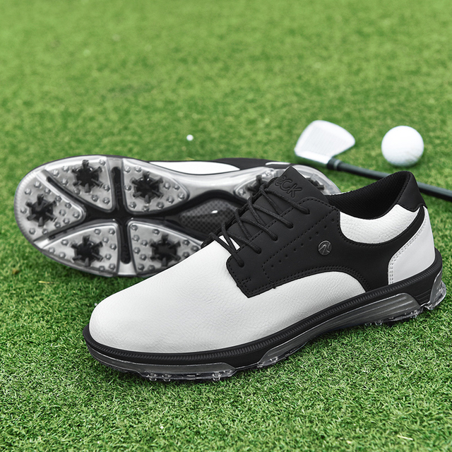 Men's Black & White Leather Spiked Golf Shoes, Waterproof Professional Golf Footwear