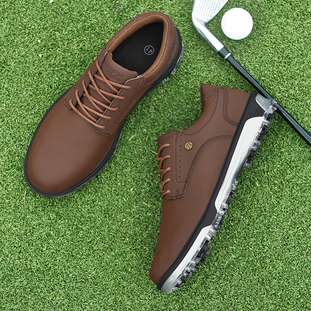 Men's Brown Leather Spiked Golf Shoes, Waterproof Professional Golf Footwear